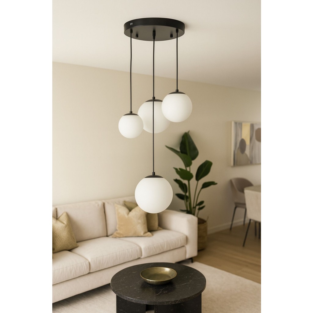 Avizemoda Pigaro 4 lü Beyaz Renk Camlı Salon Oturma Odası Modern Sarkıt Avize - (Siyah Kasa) Avize Fiyatı