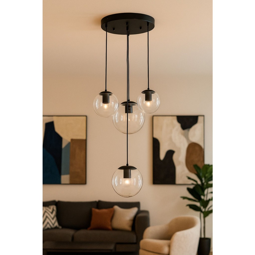 Avizemoda Pigaro 4 lü Şeffaf Camlı Salon Oturma Odası Modern Sarkıt Avize - (Siyah Kasa) - Siyah Avize Fiyatı