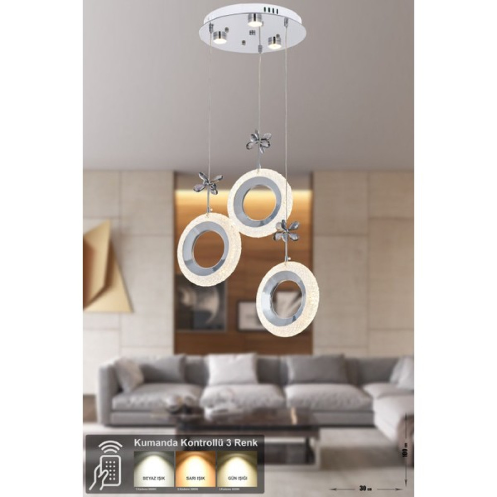 Avizemoda Ribera 3'lü Power Ledli Kumandalı Modern Sarkıt Avize - 3 - Krom Avize Fiyatı