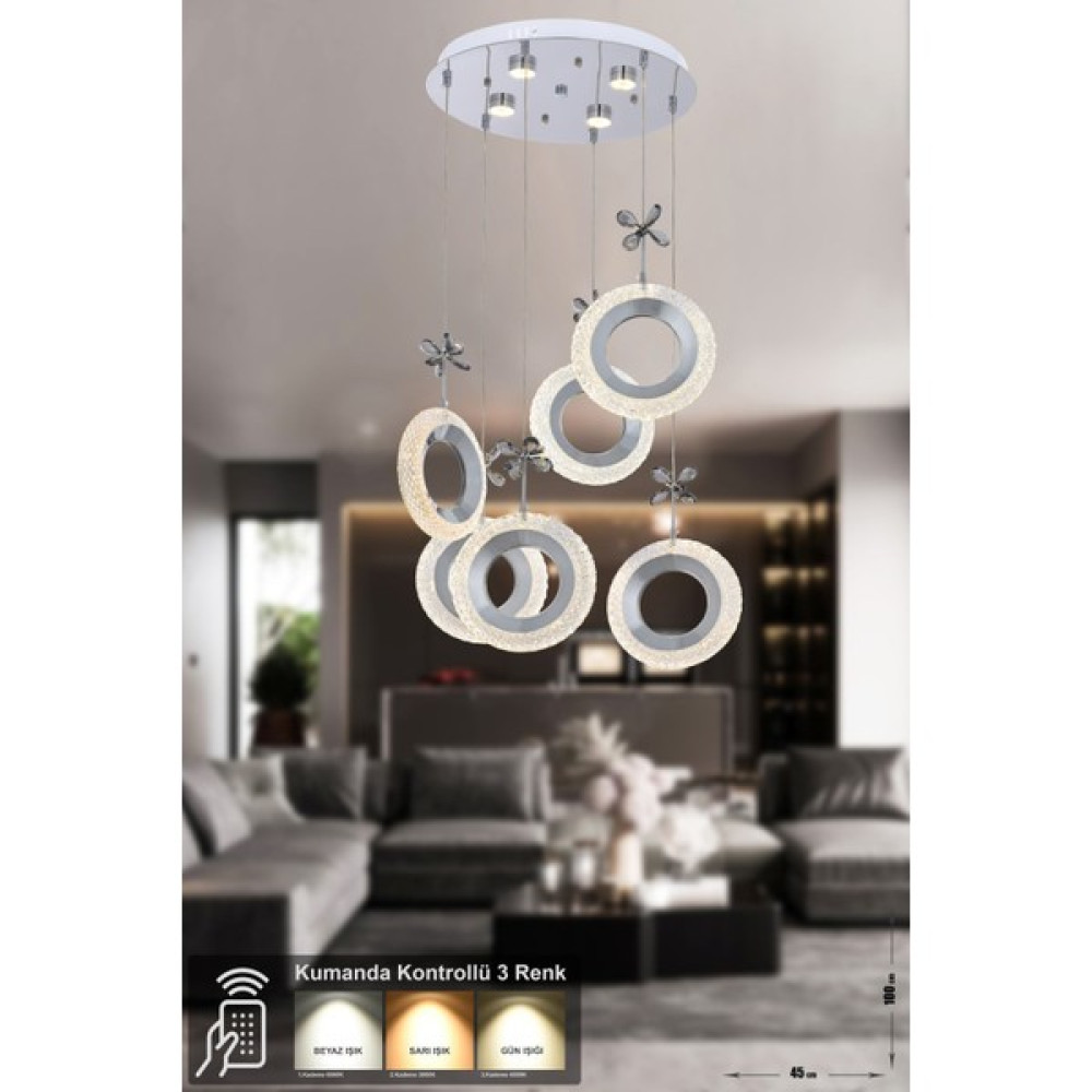 Avizemoda Ribera 6'lı Power Ledli Kumandalı Modern Sarkıt Avize - Krom - 6 Avize Fiyatı
