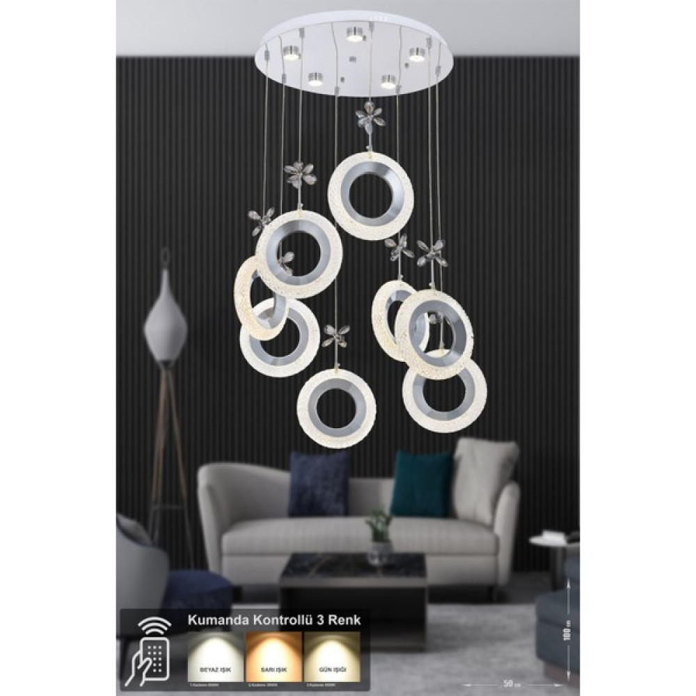 Avizemoda Ribera 8'li Power Ledli Kumandalı Modern Sarkıt Avize - Krom - 8 Avize Fiyatı