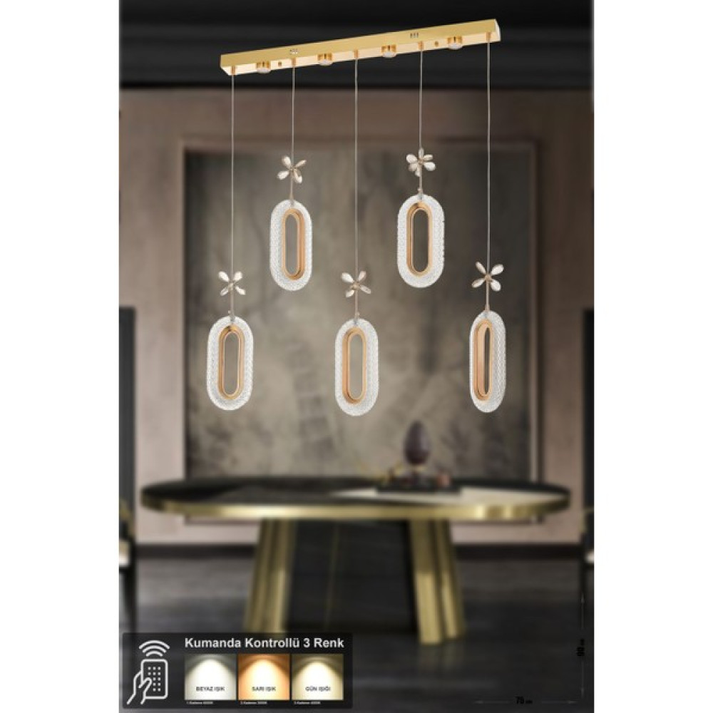 Avizemoda Sessi 5'li Power Ledli Kumandalı Modern Avize - 5 - Gold Avize Fiyatı