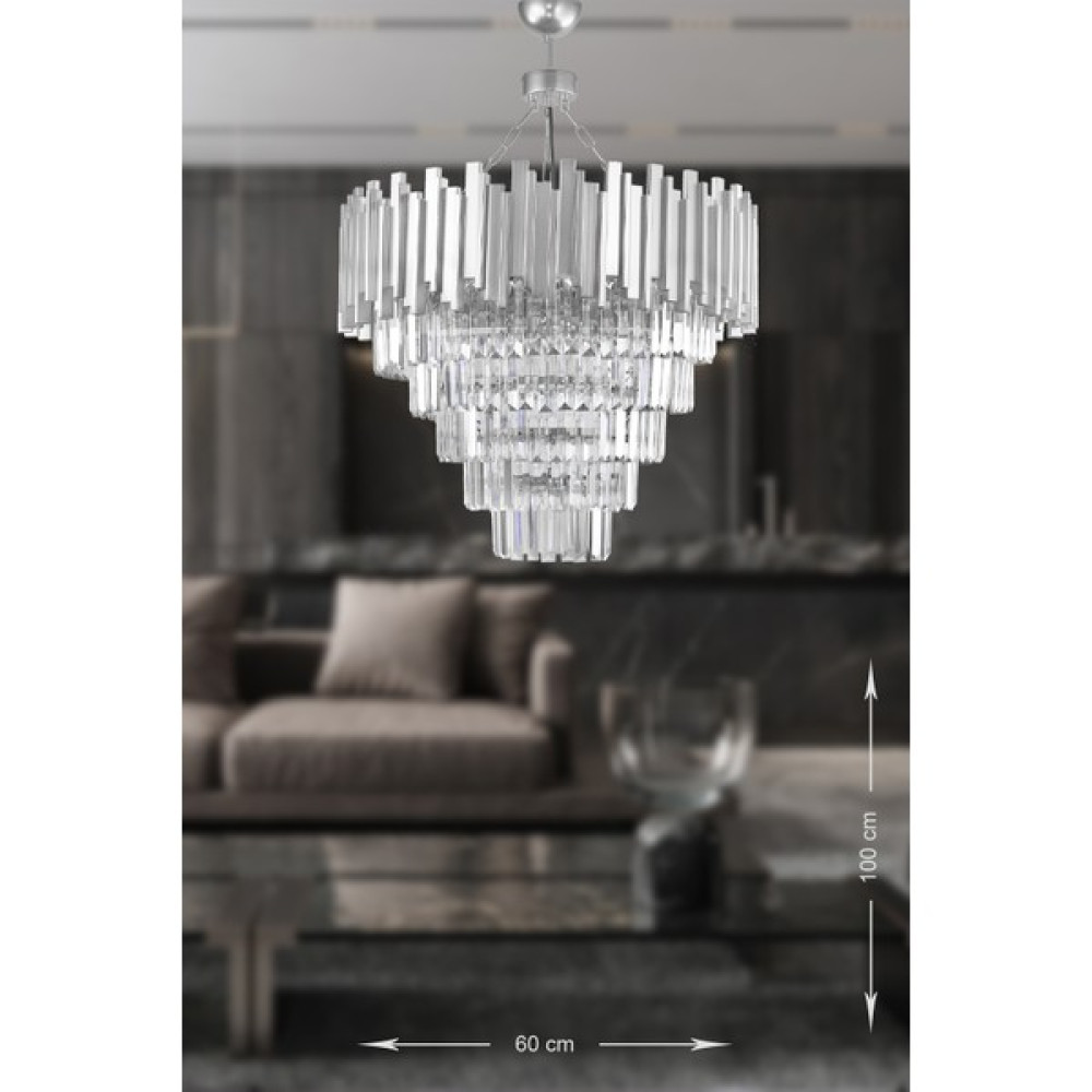 Avizemoda Sima 60 Cm'lik Kristal Cam Taşlı Lüks Avize - (Gümüş Yaldız) - Gümüş - 6 Avize Fiyatı