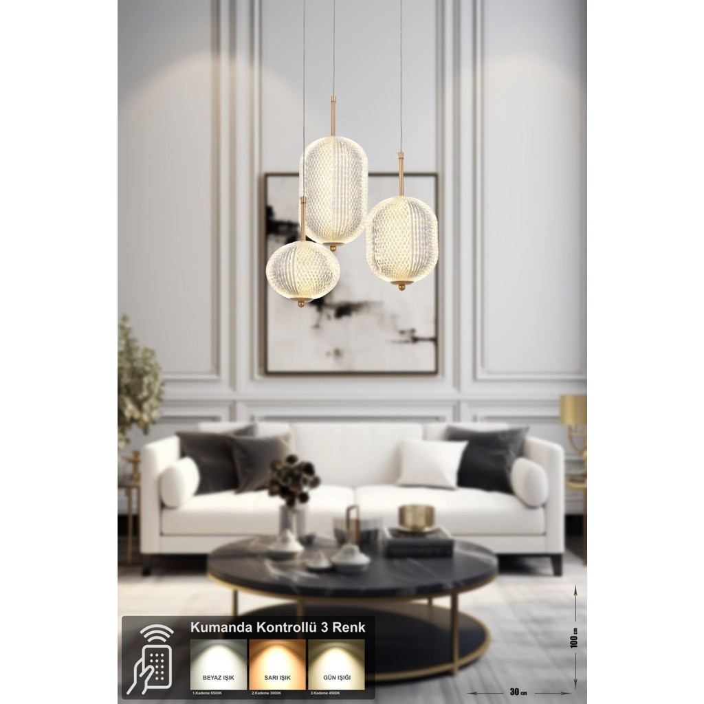 Avizemoda Torino 3'lü Power Ledli Kumandalı Modern Lüks Sarkıt Avize, 3 Renk: Sarı-beyaz-gün Işığı - Gold Avize Fiyatı