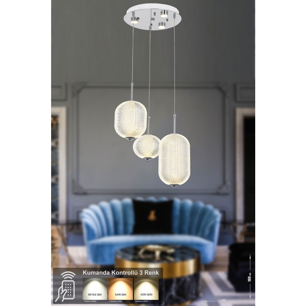 Avizemoda Torino 3'lü Power Ledli Kumandalı Modern Lüks Sarkıt Avize, 3 Renk: Sarı-beyaz-gün Işığı - Krom Avize Fiyatı