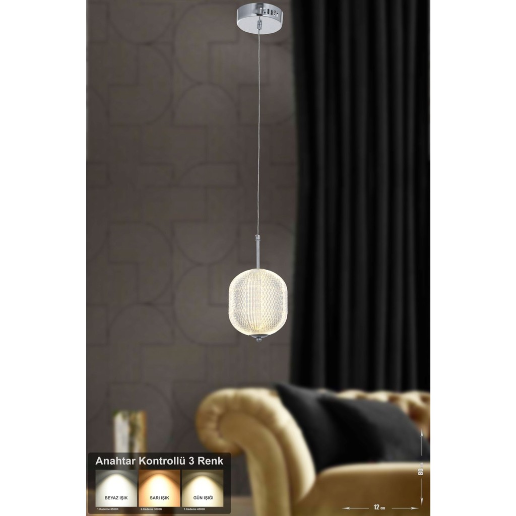 Avizemoda Torino Tekli Ledli Modern Lüks Sarkıt Avize (3 RENK LED; SARI - BEYAZ - GÜN İŞIĞI) - Krom - 1 Avize Fiyatı