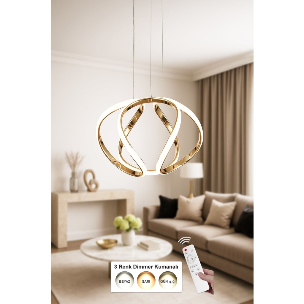 Avizemoda Vira 35 cm Dimmer Kumandalı 3 Renk Ledli (Sarı-Beyaz-Gün Işığı) Modern Sarkıt Avize - Gold - 1 TV Aksesuarları Fiyatı