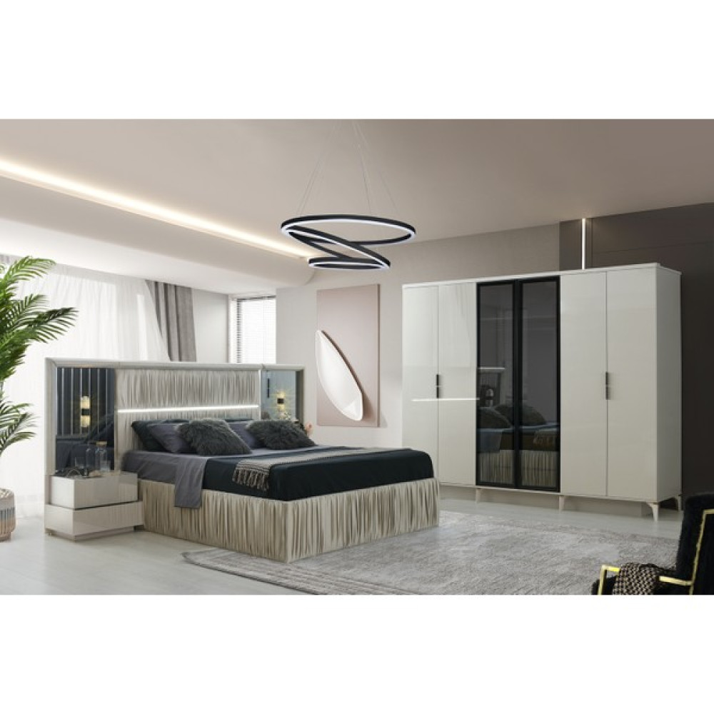Avm 24 York Yatak Odası-Mdf-Kum Beji-6 Kapaklı ve Camlı-Bazasız Traversli - Montajlı Yatak Odası Takımı / Seti Fiyatı