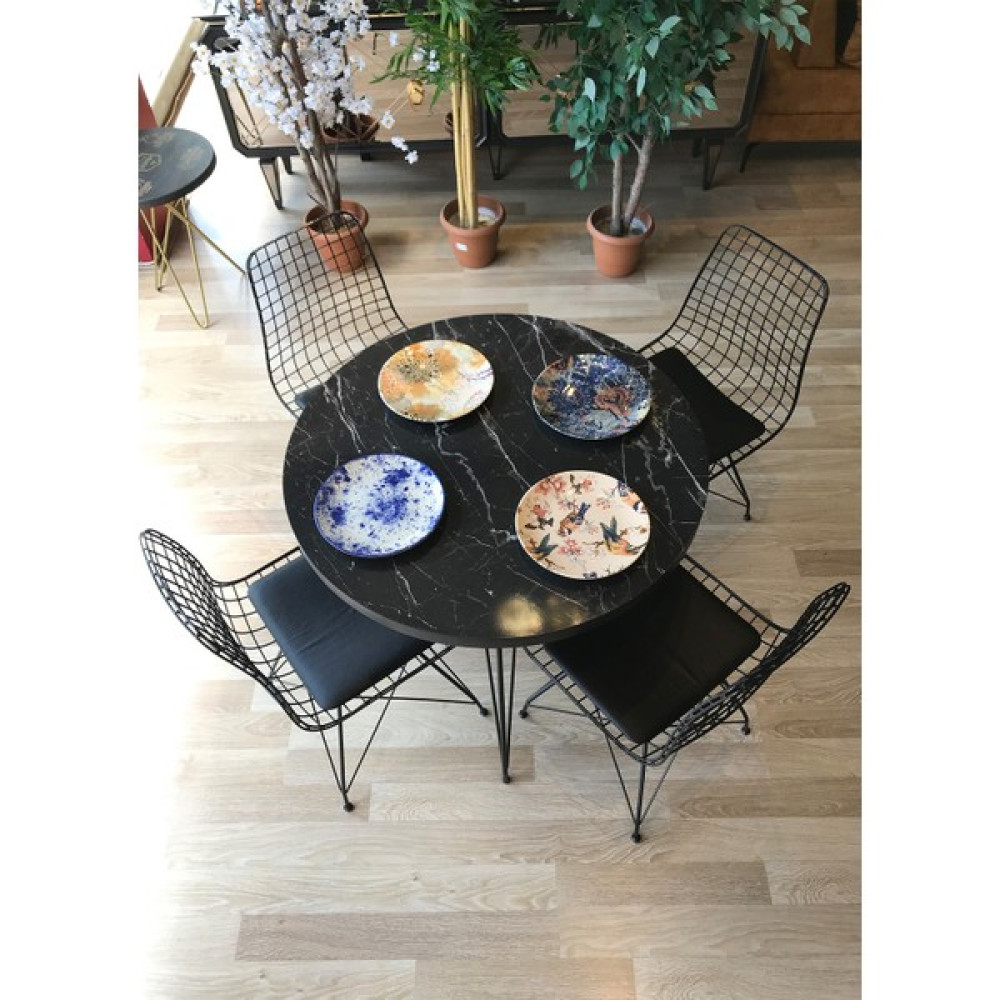 Avm Park Mutfak Masası Yuvarlak + 4 Sandalye Siyah Mermer Çap 90 Masa - Sandalye Seti / Takımı Fiyatı