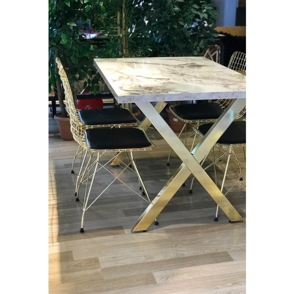 Avm Park x Ayak Gold Beyaz Mermer + 4 Gold Tel Sandalye Masa - Sandalye Seti / Takımı Fiyatı
