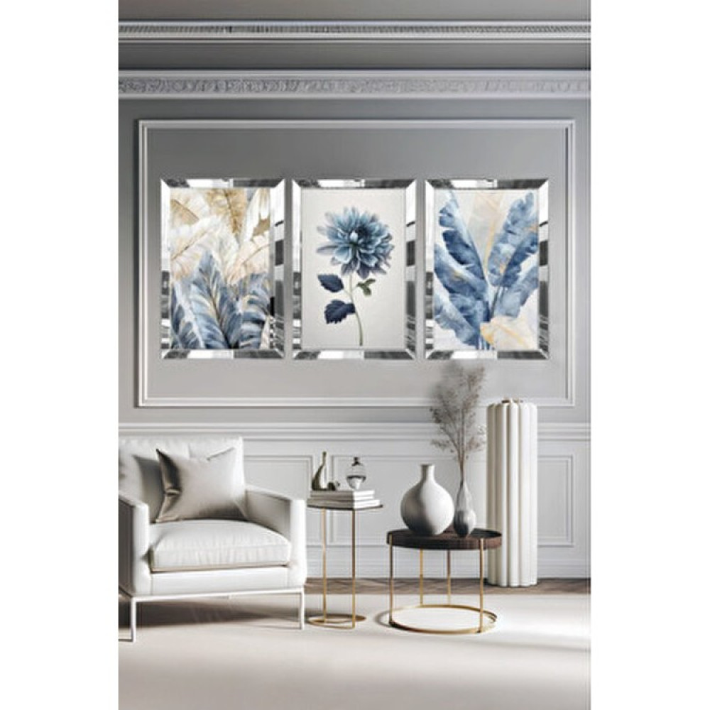 AVM19 Mavi Tüy Çiçek Tablo 3lü MDF Malzeme ile Modern Tema ve Çerçeveli Tasarım - Gümüş - 45 x 30 Kanvas Tablo Fiyatı