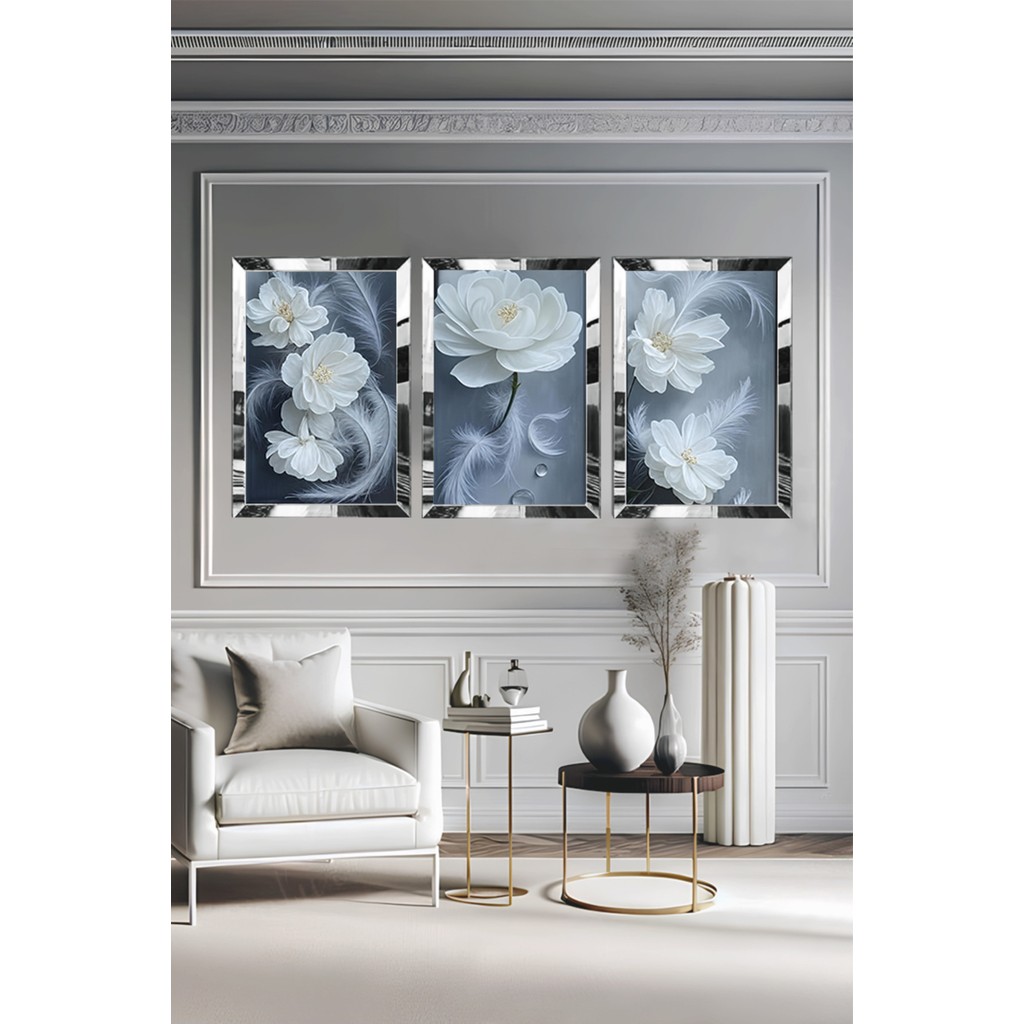AVM19 Pleksi Çerçeveli Beyaz Çiçek Tablo 3lü - Gümüş - 40 x 60 Kanvas Tablo Fiyatı