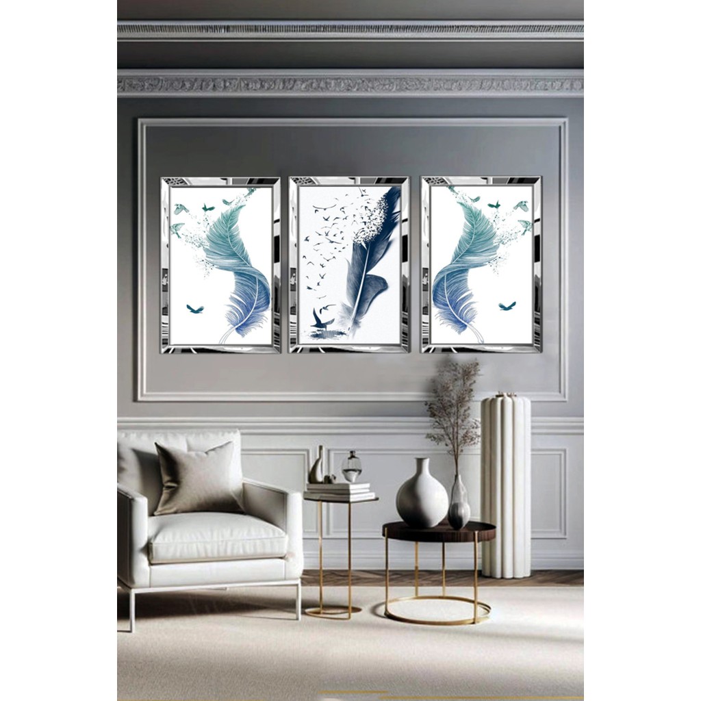 AVM19 Pleksi Çerçeveli Mavi Tüy ve Kuşlar Tablo 3lü - 40 x 60 - Gümüş Evcil Hayvan Ürünleri Fiyatı
