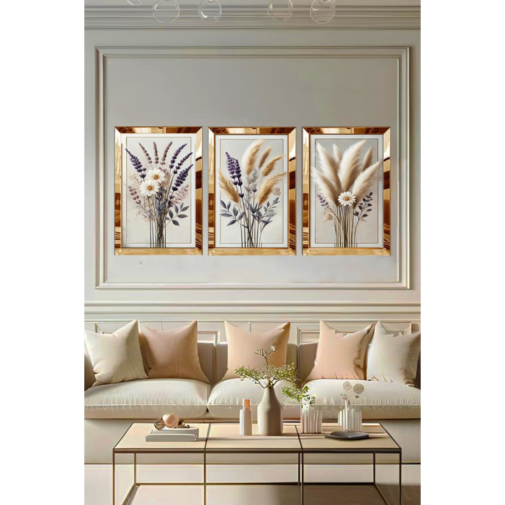 AVM19 Pleksi Çerçeveli Papatya & Lavanta & Pampas Tablo 3lü - 30 x 45 - Altın Kanvas Tablo Fiyatı