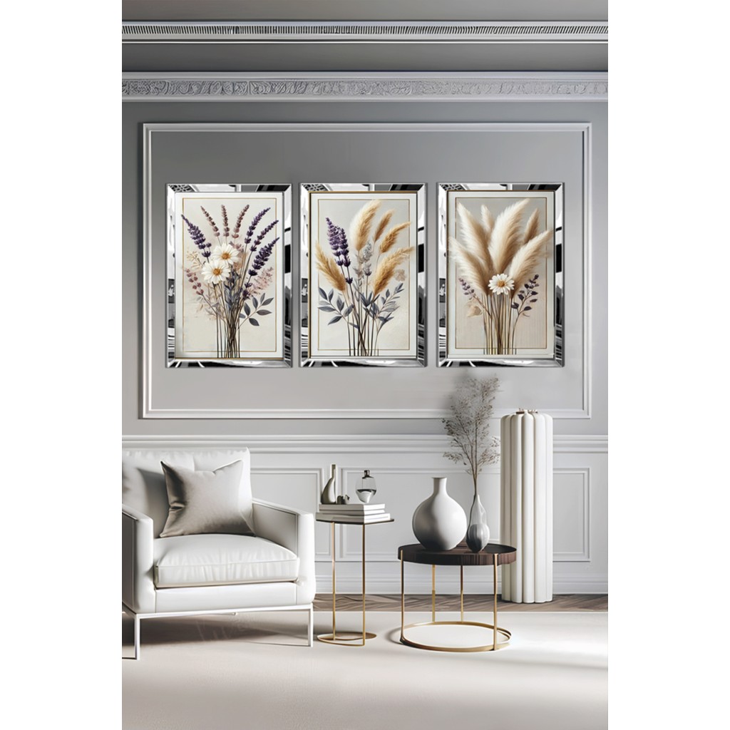 AVM19 Pleksi Çerçeveli Papatya & Lavanta & Pampas Tablo 3lü - 30 x 45 - Gümüş Kanvas Tablo Fiyatı