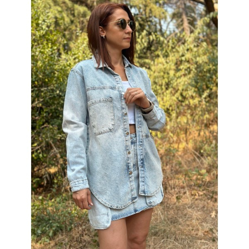 Avogues Taşlı Ön Cep Detaylı Açık Mavi Yıkama Denim Gömlek Ceket Kadın Gömlek Fiyatı