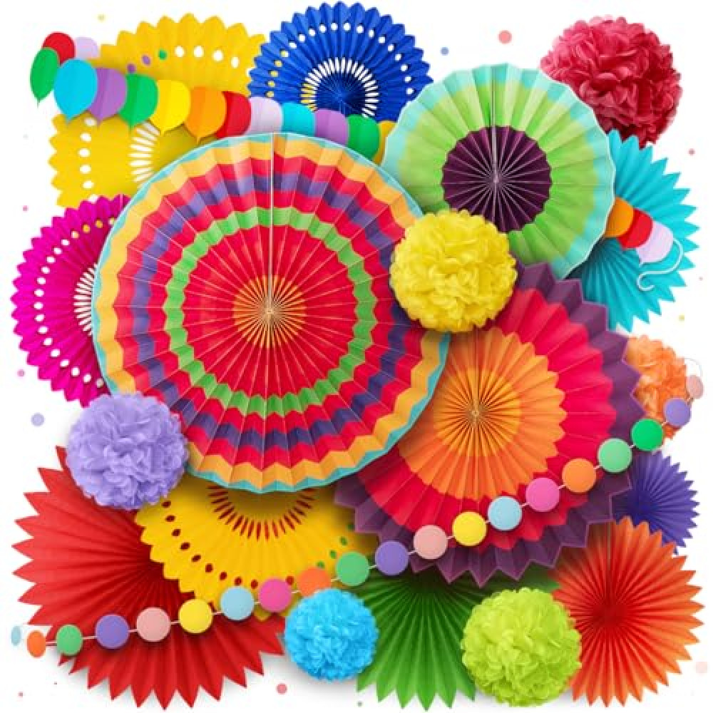 Avoseta Mexican Fiesta Party Decorations - Paper Fans, Pom Poms & Garlands - 20 Pieces - Perfect for Birthdays, Cinco de Mayo, Baby Showers, Fiestas, Graduation