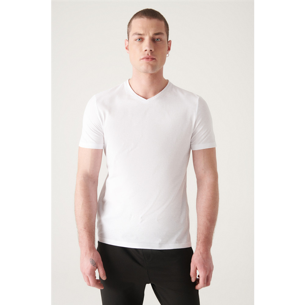 Avva Erkek Beyaz %100 Pamuk V Yaka Standart Fit Normal Kesim T-shirt L Beden Bayan T-shirt Fiyatı