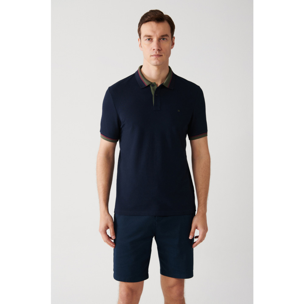 Avva Erkek Lacivert Yakası Çizgili %100 Pamuk Standart Fit Normal Kesim 2 Düğmeli Polo Yaka T-shirt E0010 S Beden Erkek T-shirt Fiyatı