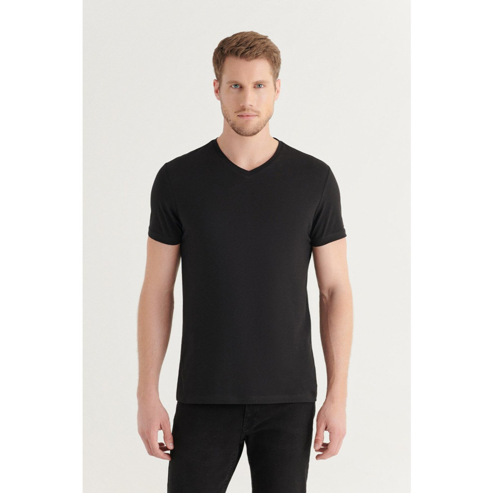Avva Erkek Siyah %100 Pamuk V Yaka Standart Fit Normal Kesim T-shirt XS Beden Bayan T-shirt Fiyatı
