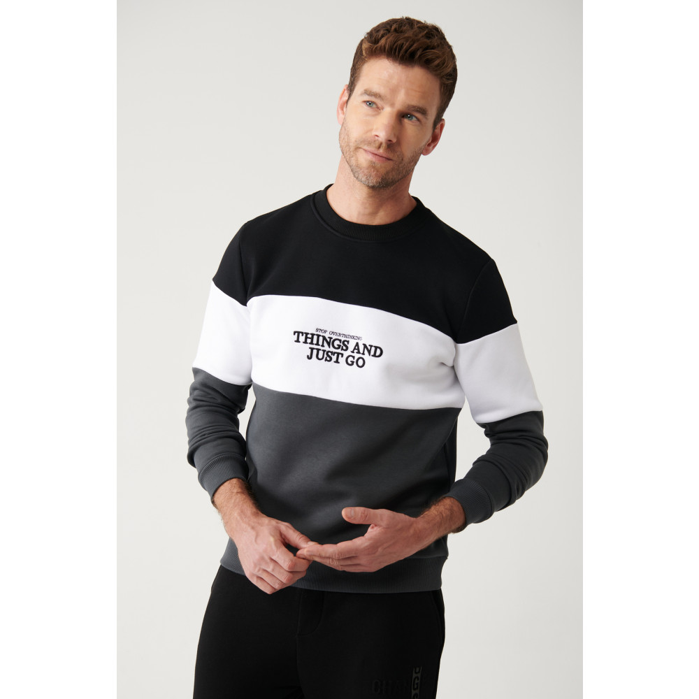 Avva Erkek Siyah-beyaz-antrasit Bisiklet Yaka Parçalı 3 Iplik Şardonlu Pamuklu Standart Fit Normal Kesim L Beden Bayan Sweatshirt Fiyatı
