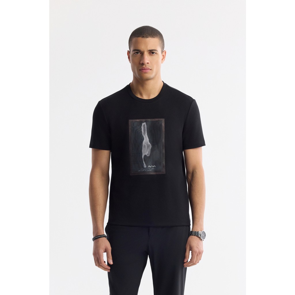 AVVA Erkek Siyah Bisiklet Yaka Baskılı Bi-Stretch İnterlok Regular Fit T-Shirt A51Y1029 Erkek T-shirt Fiyatı