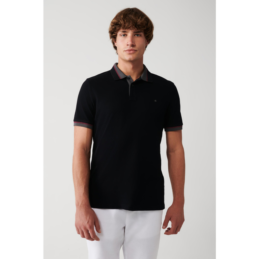 Avva Erkek Siyah Yakası Çizgili %100 Pamuk Standart Fit Normal Kesim 2 Düğmeli Polo Yaka T-Shirt XXL Beden Erkek T-shirt Fiyatı