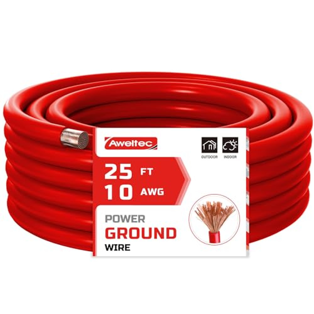 AWELTEC 10 Gauge Wire, 25 Feet Red Power Ground Wire Cable, Primary Automotive Wire, Copper Clad Aluminum Wire for Battery Cable, Car Audio, Amp Wiring, Generator, Automotive, RV