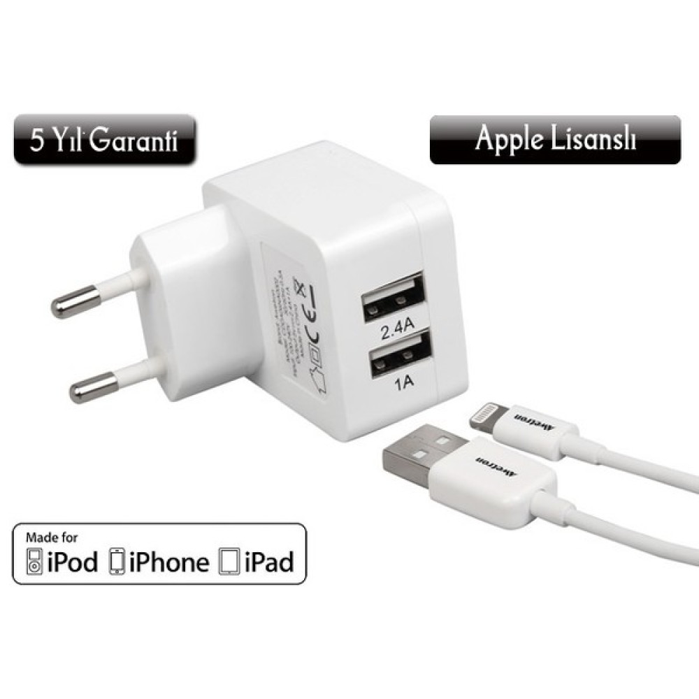 Awetron ( 5 Yıl Garantili ! ) iPhone Uyumlu 5 – 6- 6S - Plus- iPad Apple MFI lisanslı Awe-102 Şarj Aleti: (2,4A+1A=3,4 A Dual USB - Hızlı Şarj Cihazı) Cep Telefonu Şarj Cihazı Fiyatı