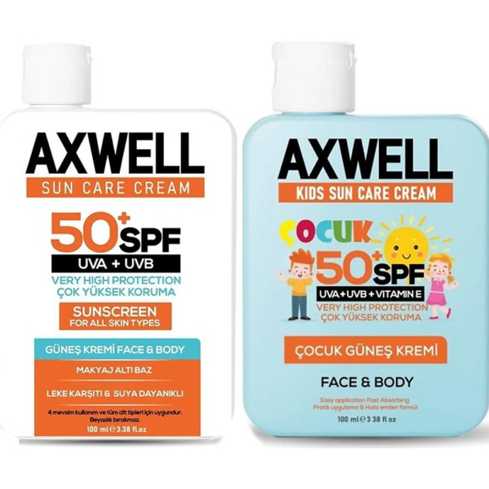 Axwell 2'li Fırsat Yetişkin ve Çocuk Güneş Kremi Seti SPF50+,LEKE Karşıtı, Vitamin E Güneş Kremleri ve Losyonları Fiyatı