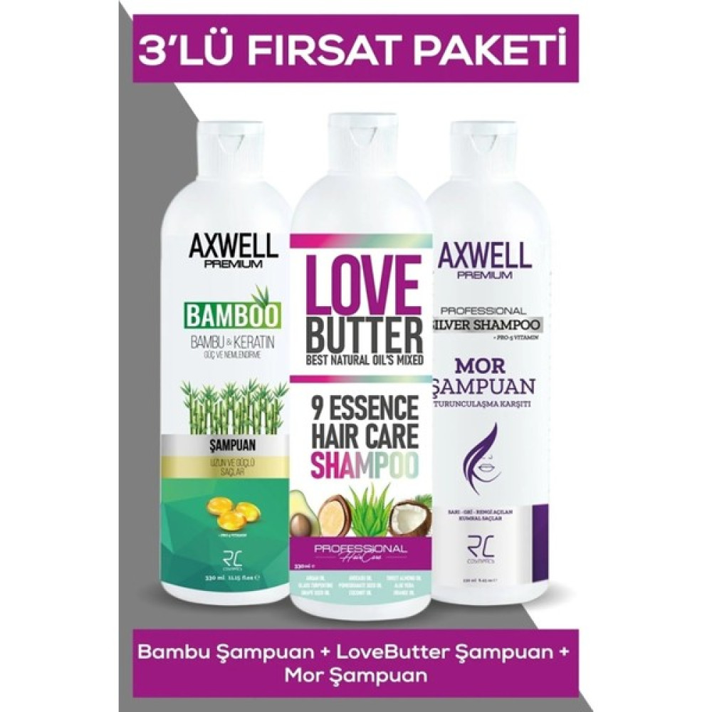 Axwell 3'lü Bambu & Keratin, 9 Özlü Şampuan, Mor Şampuan Besleyici Saç Bakım Fırsat Seti Saç Bakım Maskeleri & Serumlar & Spreyler Fiyatı
