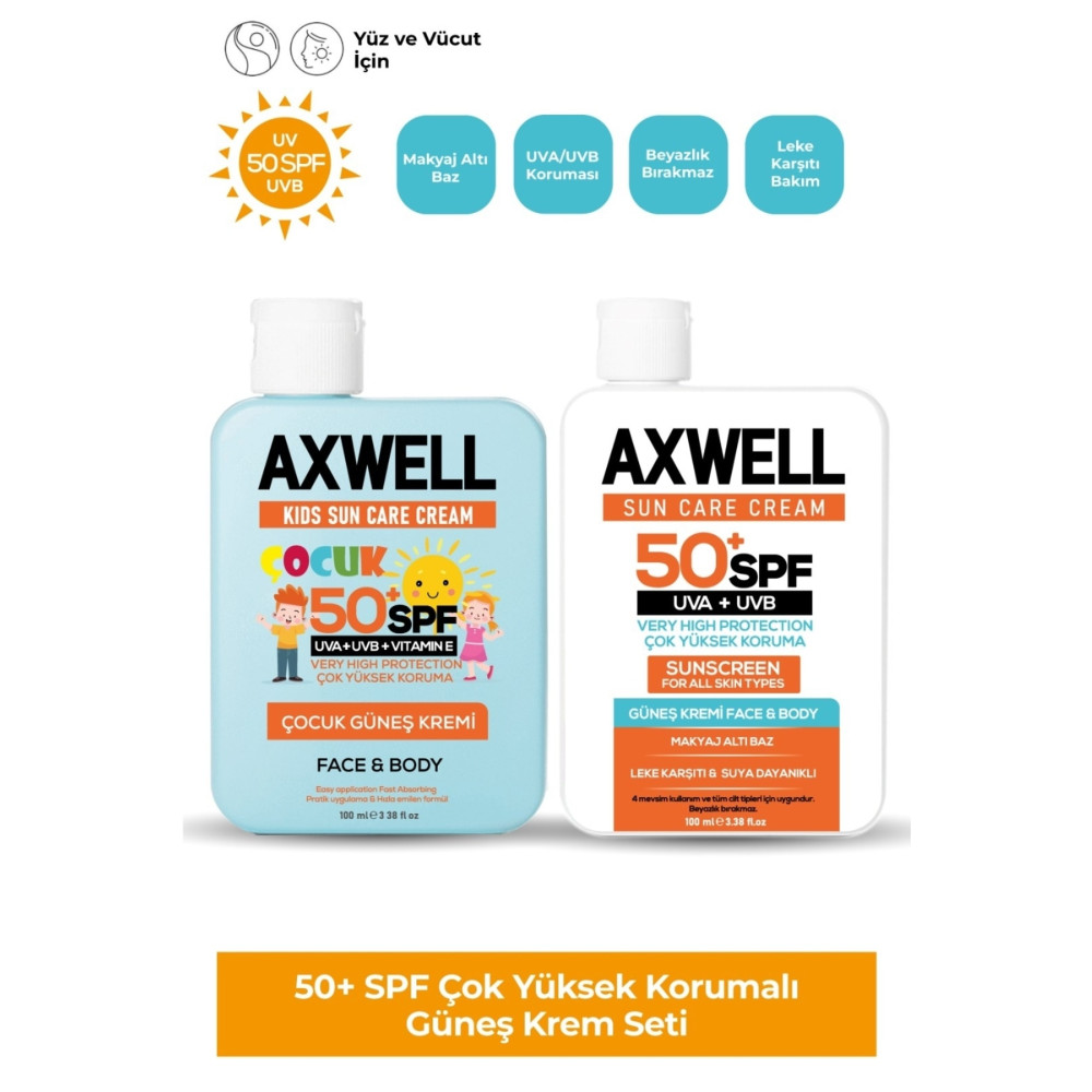 AXWELL 50+ Spf Yetişkin Ve Çocuk Güneş Kremi Seti Bebek Güneş Kremi Fiyatı