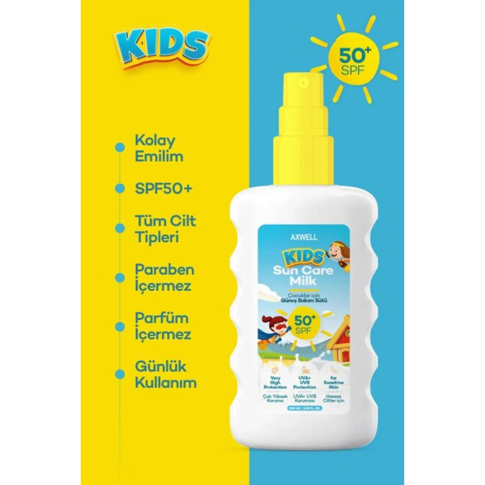 Axwell Kids Çok Yüksek Koruyucu Çocuk Için Yüz & Vücut Güneş Sütü Spreyi SPF50+ 200 ml Güneş Kremleri ve Losyonları Fiyatı