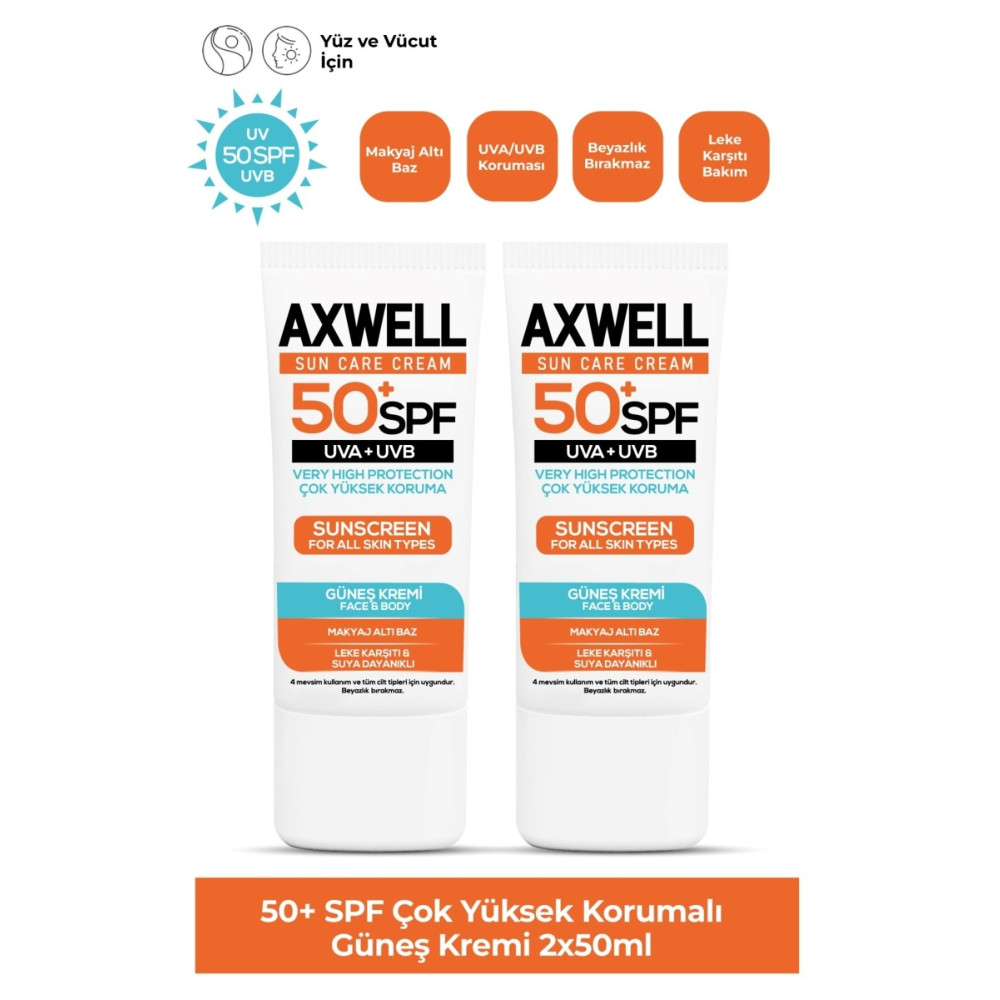AXWELL Spf 50+ 2 Li Fırsat Seti Leke Karşıtı Nemlendirici Yüksek Koruma Güneş Kremi 50 ml Güneş Kremleri ve Losyonları Fiyatı