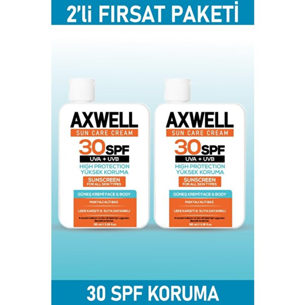 Axwell Sun Care Cream Güneş Kremi Yüksek Koruma 30 Spf 100ML 2 Li Fırsat Seti Bebek Güneş Kremi Fiyatı