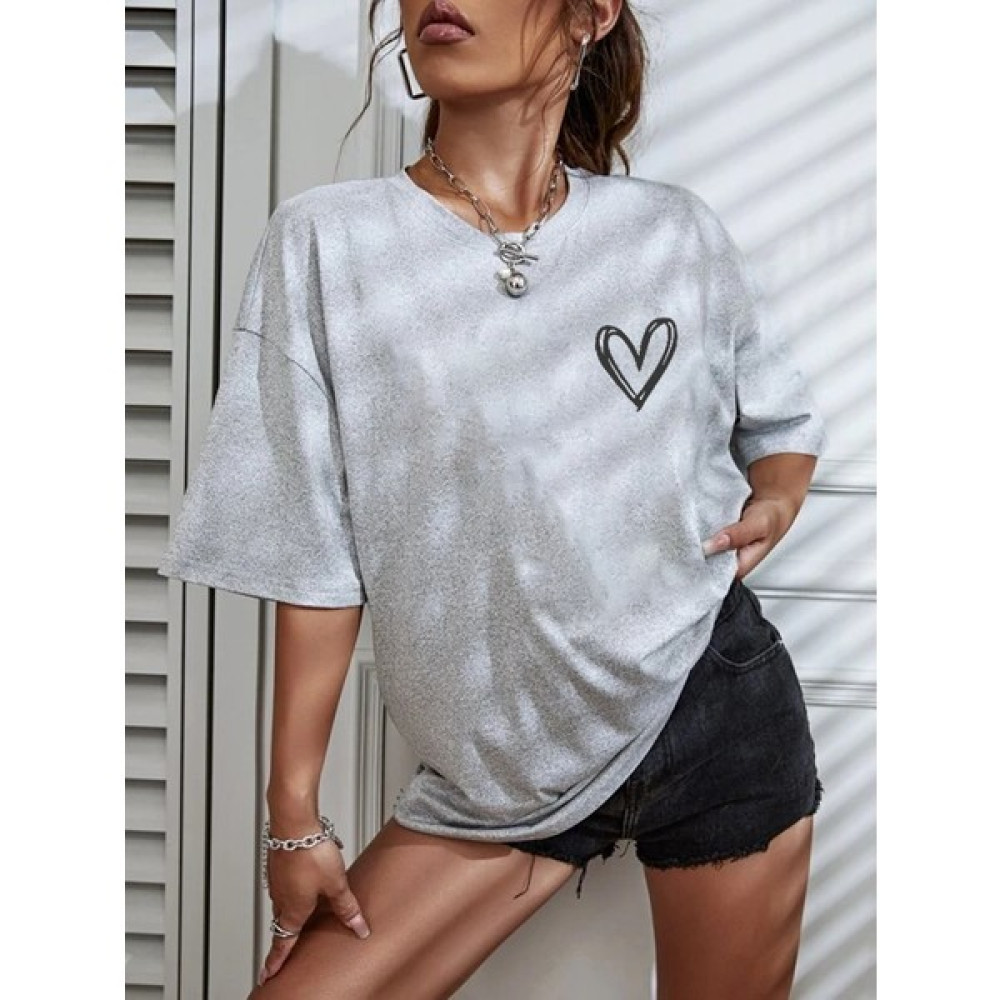 Ay New Moda Kadın Gri Kalp Baskılı Oversize T-Shirt Bayan T-shirt Fiyatı