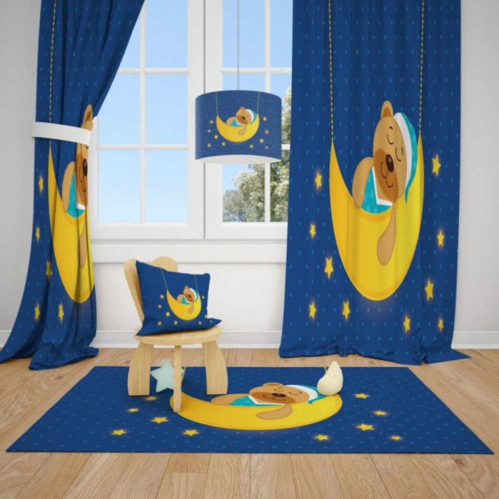 Ay Üstünde Ayıcık Erkek Çocuk Odası Çocuk Odası Fon Perde 2 Kanat 140X270 - 140 x 270 cm Fon Perde Fiyatı