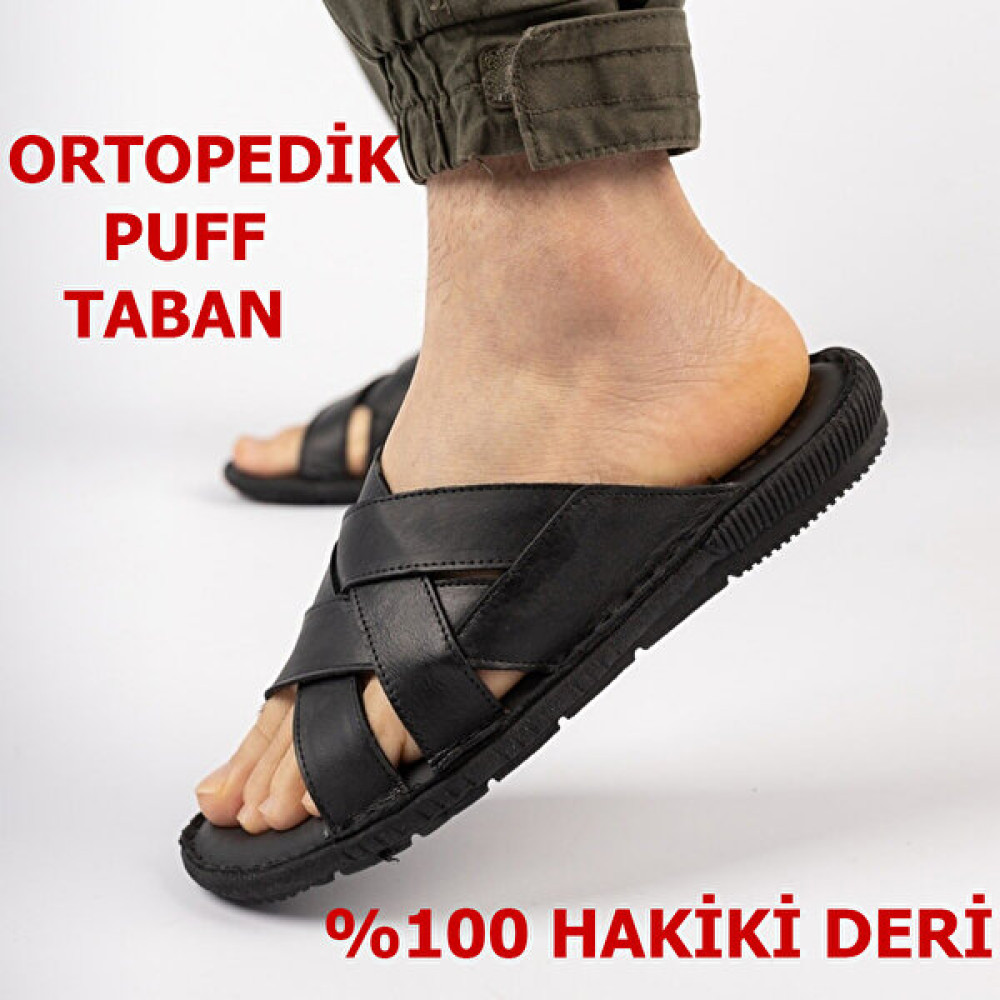 Ayakkabiburada 034 Günlük Tam Ortopedik Hakiki Deri Erkek Terlik Puff Taban Erkek Terlikleri ve Sandaletleri Fiyatı
