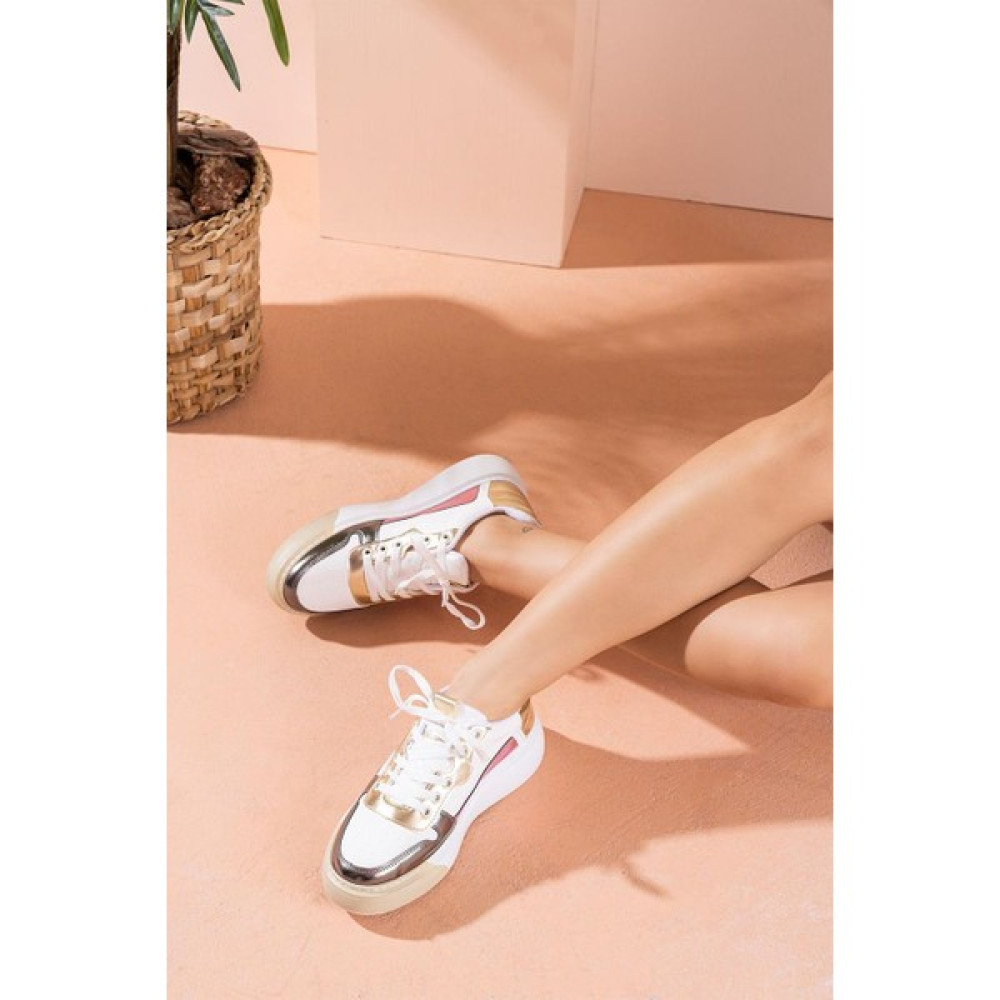 AYCAN SHOES Beyaz Kadın Sneaker Bağcıklı Pembe Gold Detaylı Sneaker Elle Spor Ayakkabı Fiyatı