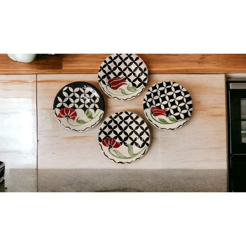 Aygen Creative Art Geleneksel Geometrik Lale Tasarımlı 4 Kişilik 18 cm Handmade Pasta Tabak Seti - Tatlı Servis Seti - Kırmızı - Siyah - Beyaz Mutfak Gereçleri Fiyatı