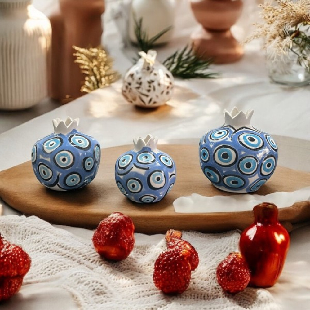 Aygen Creative Art Handmade Çini Dekoatif Biblo Nar Takım 3 Lü Set Nazar Desen Tasarım Çini Biblo Biblo Fiyatı