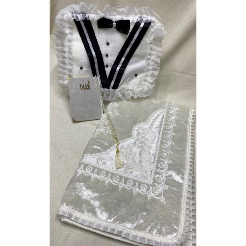 Ayhanhome Damat Figürlü 4 Parça Kadife Seccade Çeyizlik Bohça Gelin Damat Seti - 70 x 120 cm - Krem Seccade Fiyatı