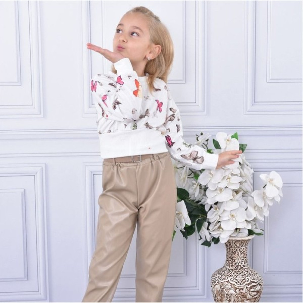 Ayla Kids Kız Çocuk Deri Pantolon Kelebekli Crop Takımı Kemerli Kız Çocuk Giyim Takımı Fiyatı