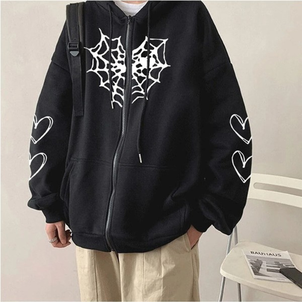 Aymontana Ay Montana Kadın Siyah Kapşonlu Fermuarlı Kanguru Cepli Gotik Kalp Baskılı Sweat Hırka Kadın Hırka Fiyatı