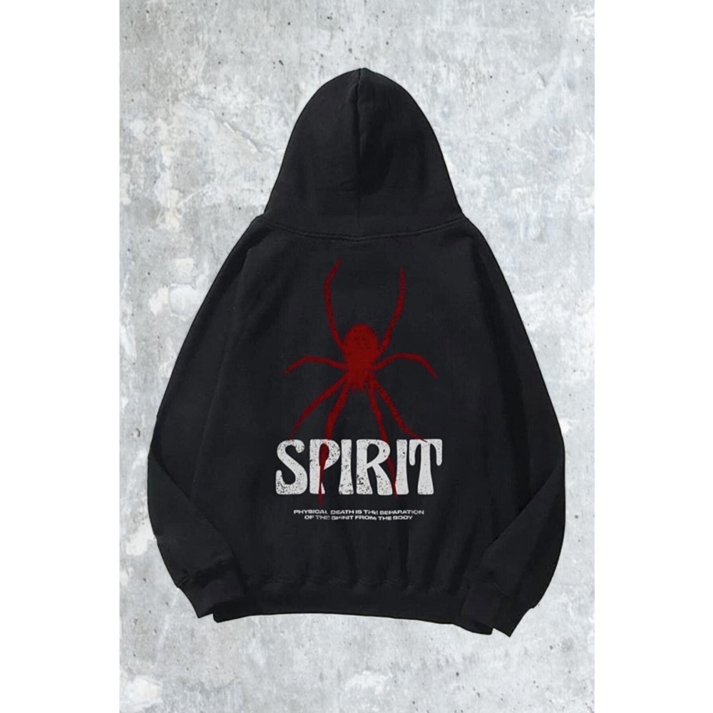 aynewmoda Unisex Siyah Spirit Baskı Oversize Kapşonlu Sweatshirt 8XL Beden Bayan Sweatshirt Fiyatı