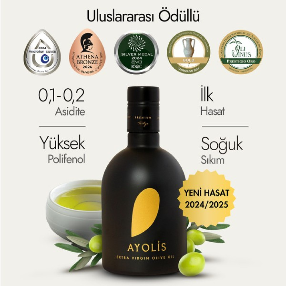 Ayolis Premium Gurme Zeytinyağı 500 Ml Trilye Ödüllü Yüksek Polifenollü Erken Hasat Soğuk Sıkım Natürel Sızma Diğer Fiyatı