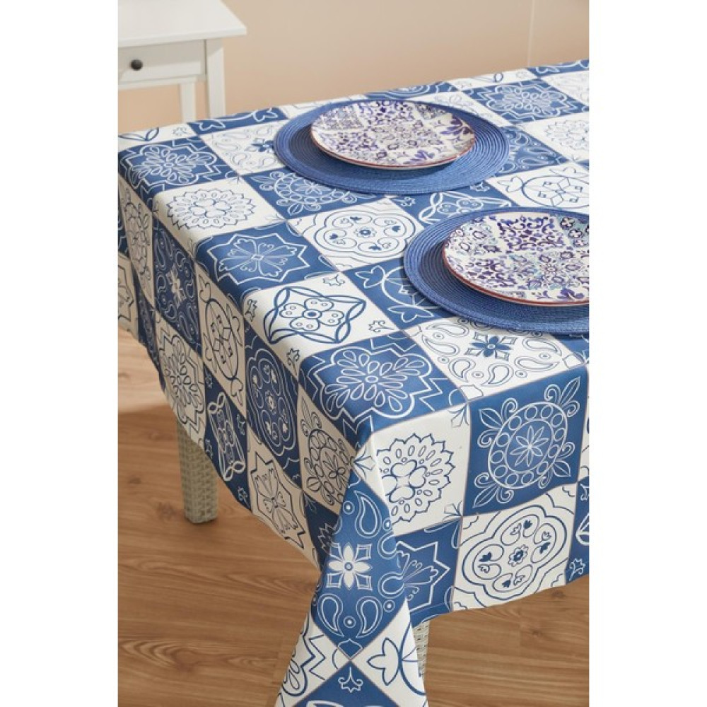 Ays Home Çini Desen Leke Tutmaz Masa Örtüsü - 140 x 140 cm - Mavi Masa Örtüsü Fiyatı