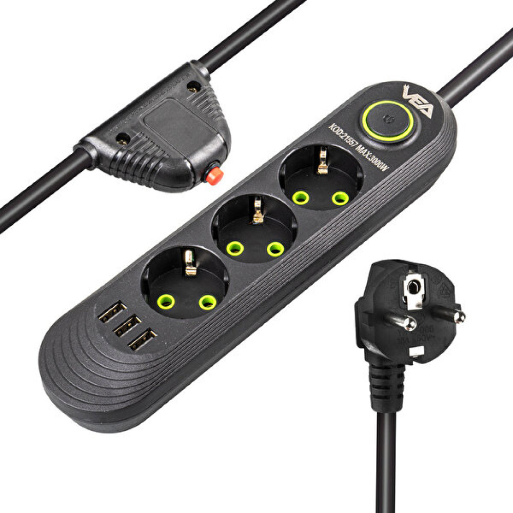 Ayt Vea VA-21557 Akım Korumalı Priz 3'lü USB Li 1.5 Metre Uzatma Kablosu Anahtarlı 3-16 Amper Prizler Fiyatı