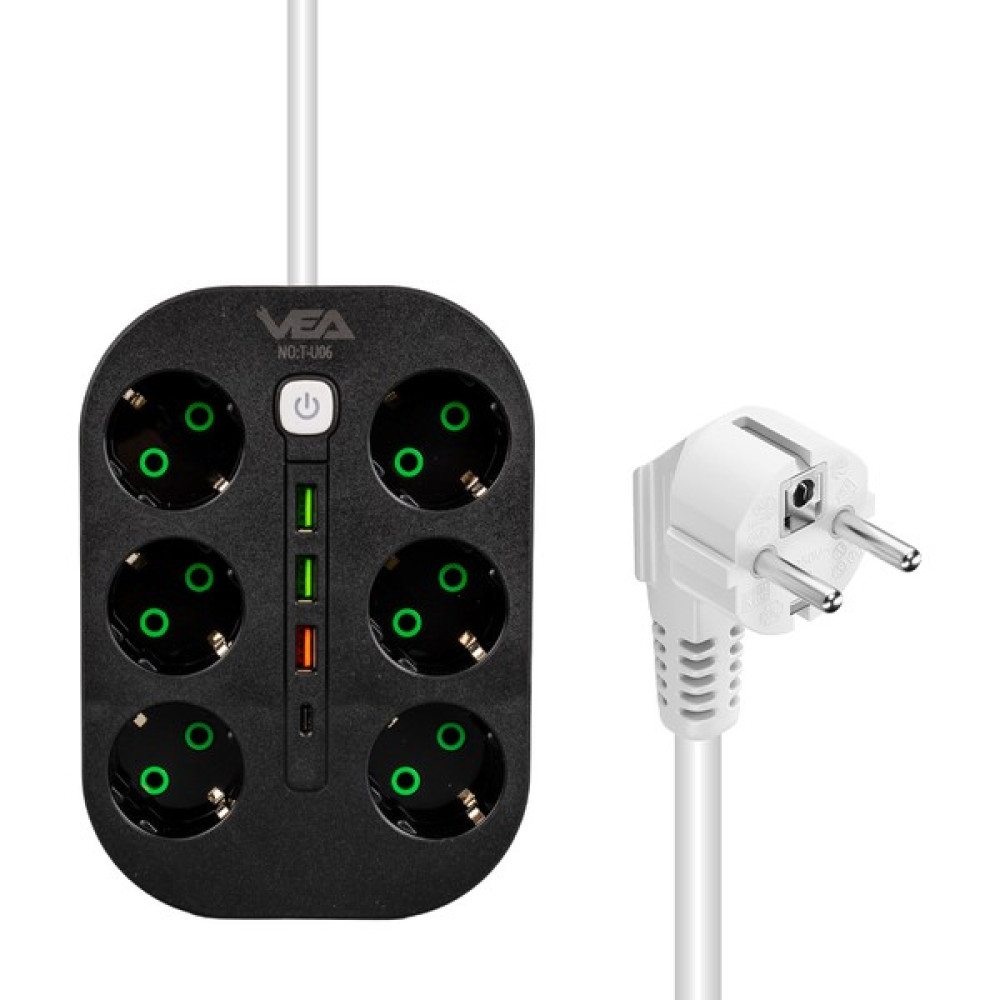 Ayt Vea VE-22399 6 Lı Kablolu 3 USB Li Siyah Grup Priz 1.5 Metre Uzatma Kablosu Isıya Dayanıklı Aç Kapa Anahtarlı Prizler Fiyatı