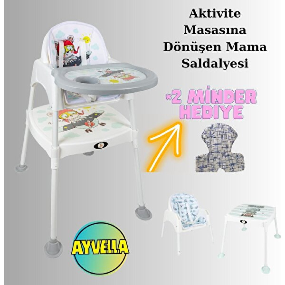 Ayvella Etkinlik Masası Mama Sandalyesi Emniyet Kemerli 2 Minder Hediyeli Aktivite Masası Bardaklıklı Tepsi - Arabalı Portatif Mama Sandalyesi Fiyatı